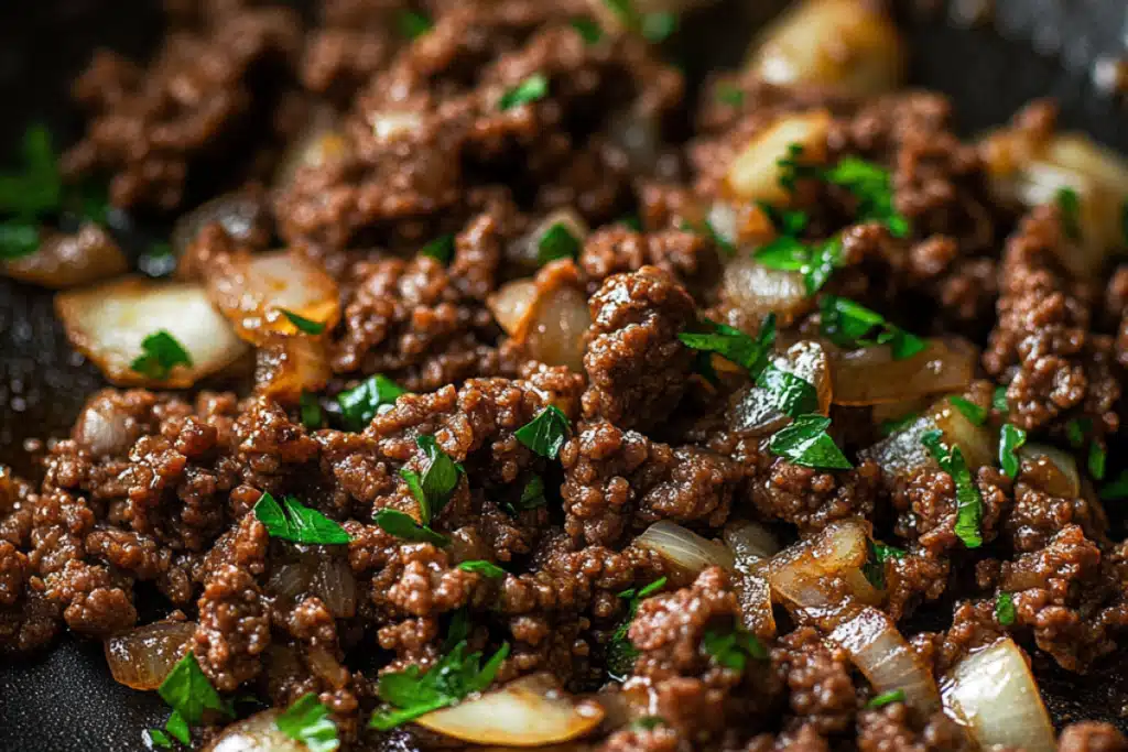 Ground beef browning in a skillet with onions and garlic for Hamburger Potato Soup.