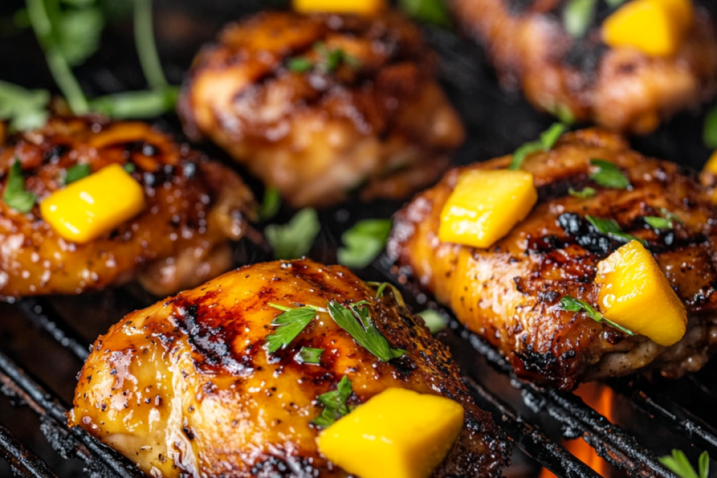 Grilled mango chicken on a barbecue