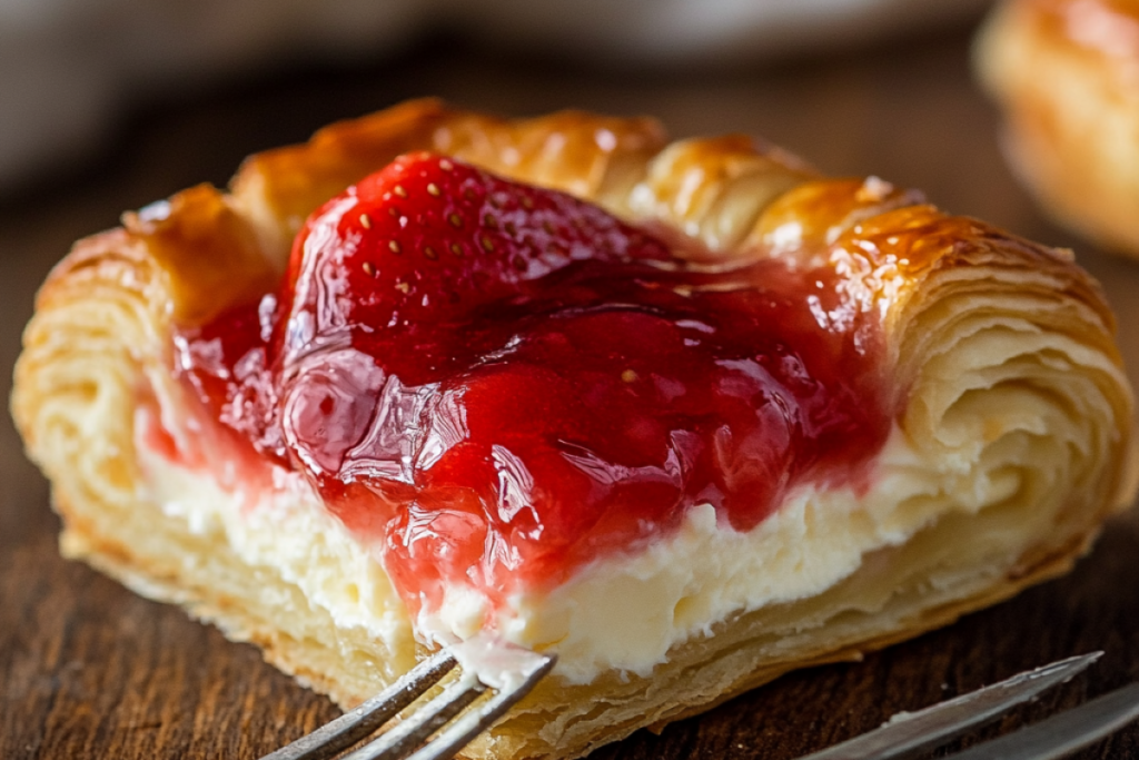Close-up of partially eaten strawberry Danish showing its creamy filling and flaky layers.