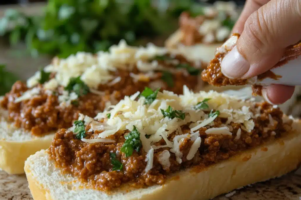 Step-by-step preparation of Sloppy Joe Garlic Bread.