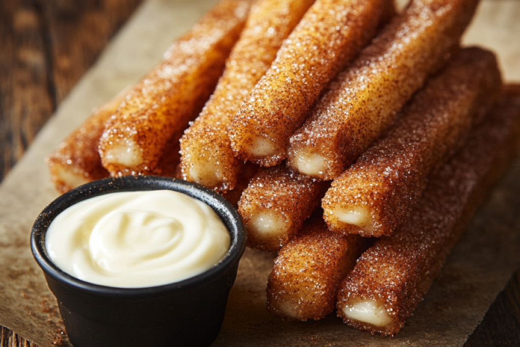 A detailed close-up showing the crispy, golden-brown exterior and soft, fluffy interior of Pizza Hut cinnamon sticks.