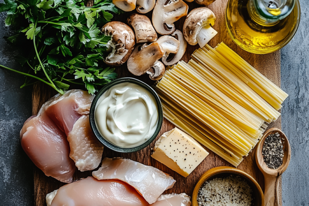Ingredients for Mushroom Chicken Alfredo Lasagna including mushrooms, chicken breasts, lasagna noodles, Parmesan cheese, heavy cream, and fresh parsley.