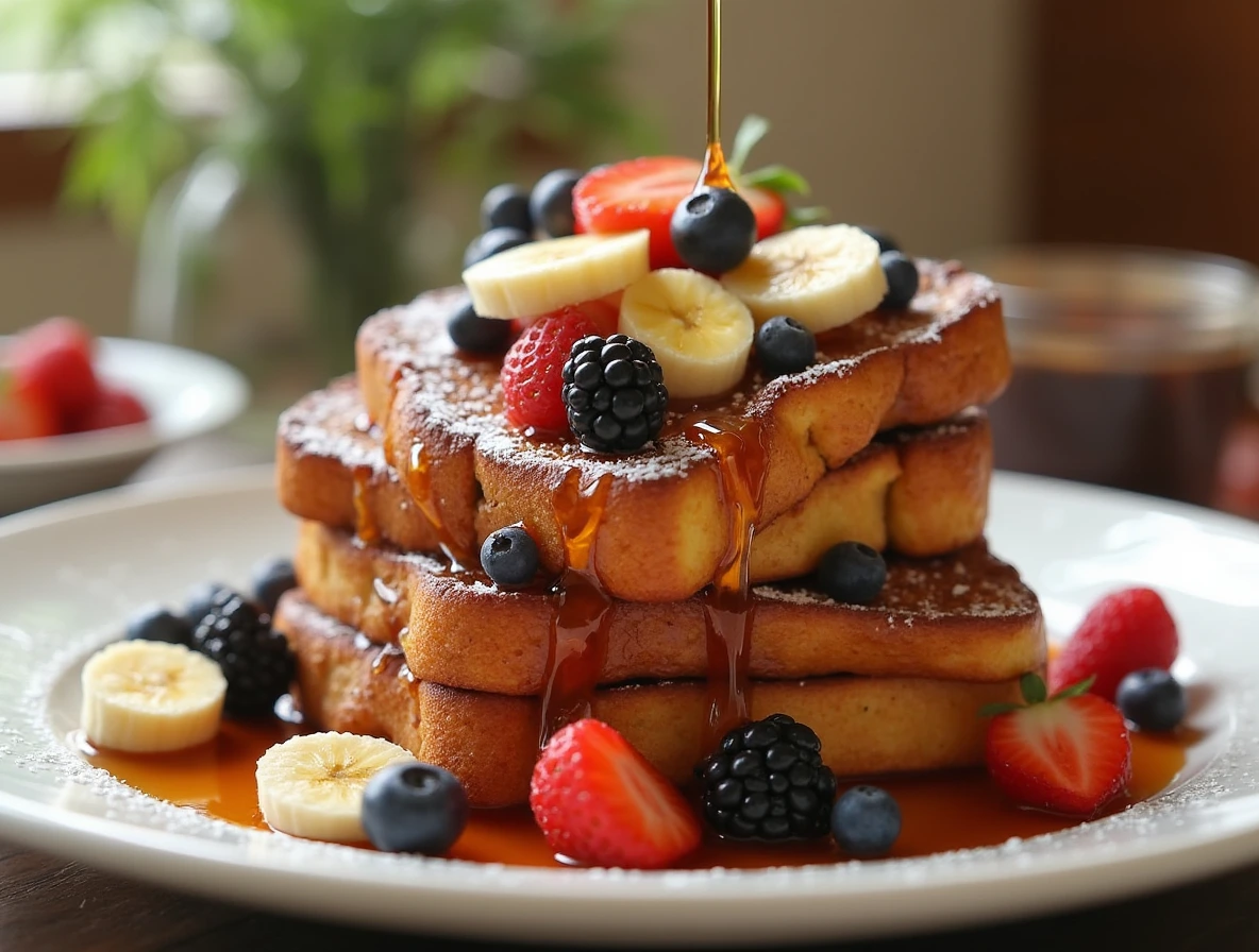 Hawaiian Roll French Toast served with maple syrup, fresh berries, and powdered sugar