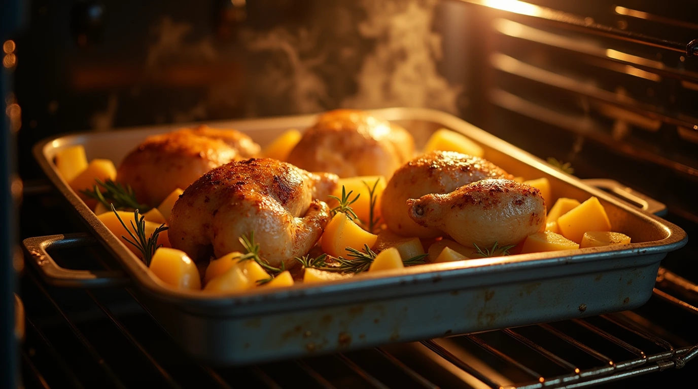 One pan chicken and potatoes with roasted vegetables, featuring golden chicken, crispy potatoes, and caramelized carrots and onions.