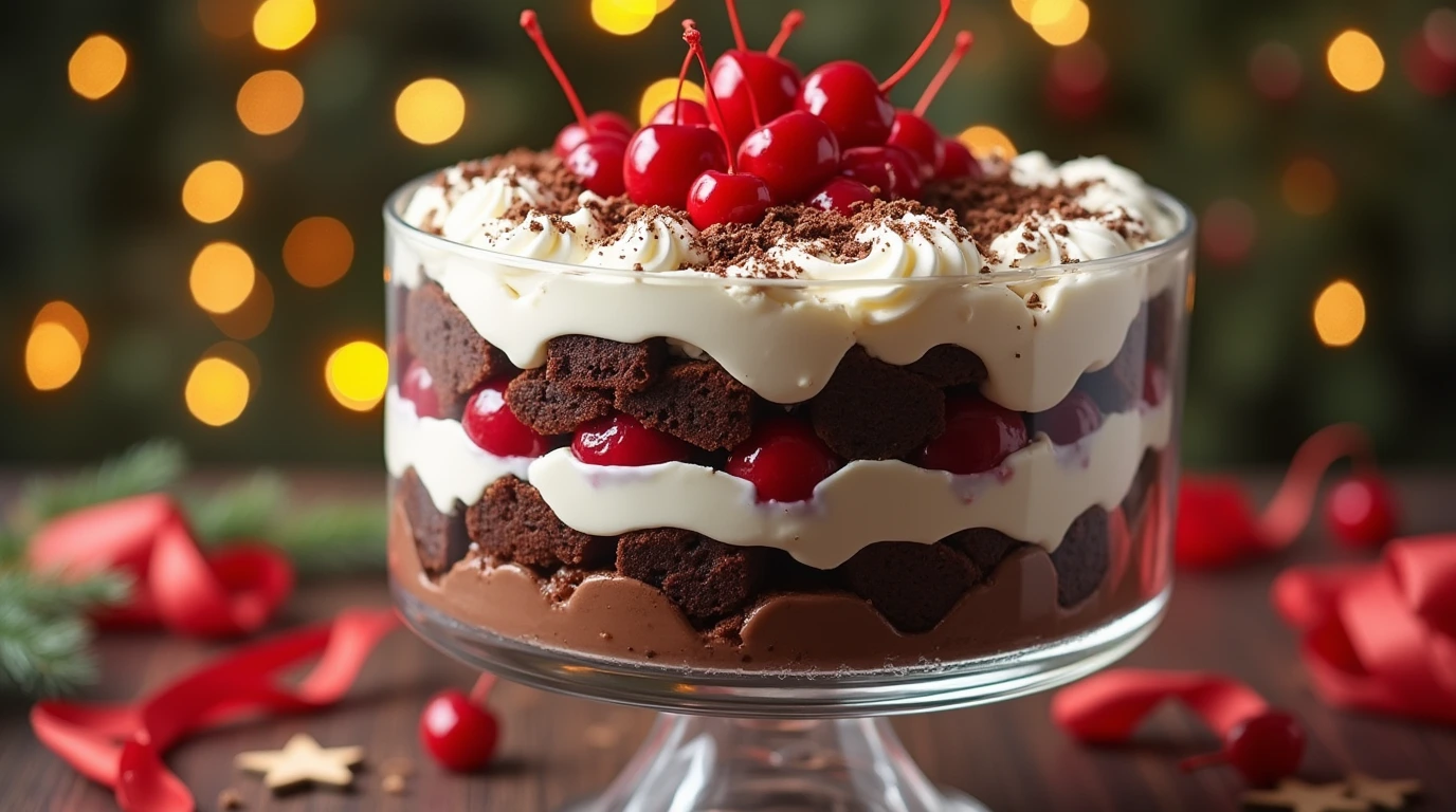 Black Forest Trifle dessert with layers of chocolate cake, whipped cream, and cherries.
