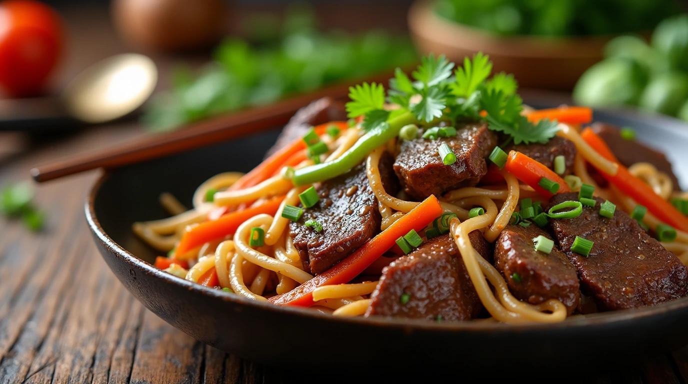 Freshly cooked beef stir fry with sprouts, colorful vegetables, and soy-based sauce in a rustic wok, garnished with cilantro and green onions.