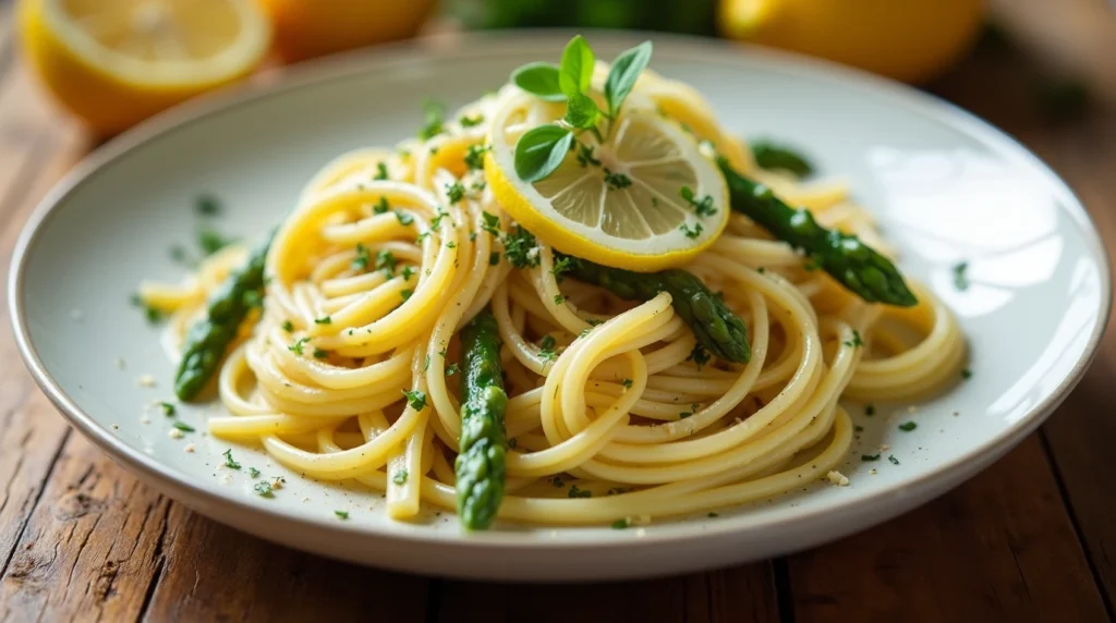  Lemon Parmesan pasta with asparagus on a wooden table.