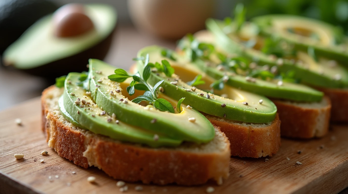 Sliced avocado cottage cheese bread with avocado and herbs
