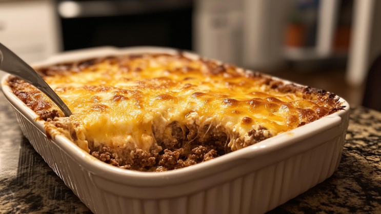 Golden, cheesy hobo casserole ground beef fresh out of the oven.
