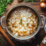 A pot of boiling onions surrounded by fresh herbs and kitchen tools Onion Boil
