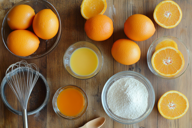 Orange creamsicle cake ingredients laid out for baking