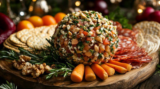 Cheese ball centerpiece with crackers, veggies, and fruits
