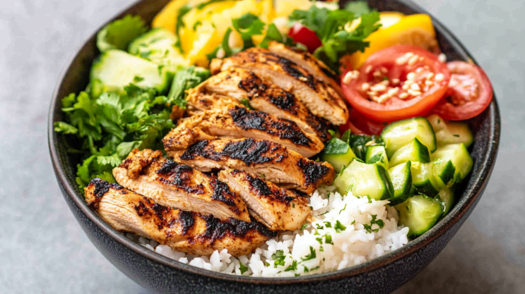 Chicken shawarma rice bowl with vegetables and tahini