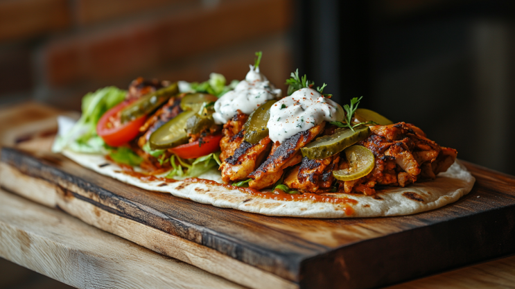 Chicken shawarma wrap with vegetables and garlic sauce
