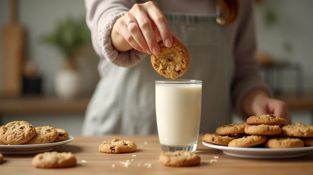Person dunking an oatmeal raisin cookie into almond milk.