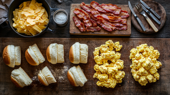 Cowboy Breakfast Sliders ingredients arranged on a counter