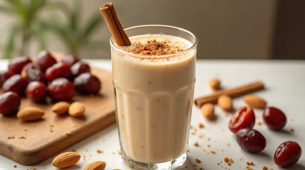 Date palm smoothie topped with date syrup and cinnamon
