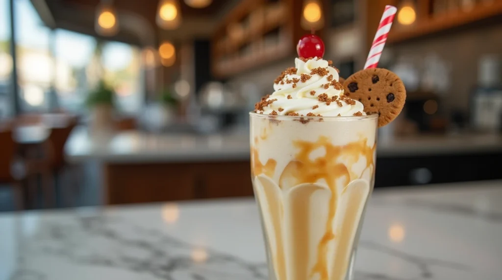Gourmet cookie milkshake with cookie crumbles and whipped cream.