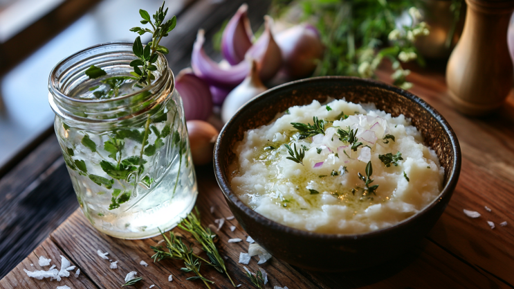 Mashed boiled onions served in a rustic bowl with onion water