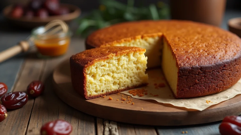date palm recipes jaggery cake with slices and ingredients
