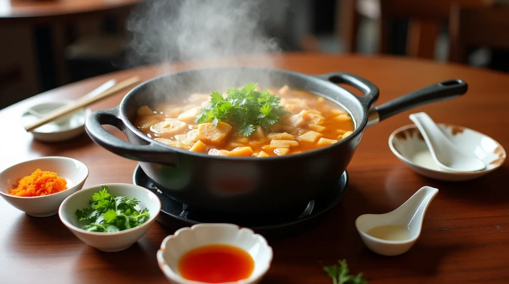 A traditional dinner table with a pot of fish maw soup and small bowls of garnishes