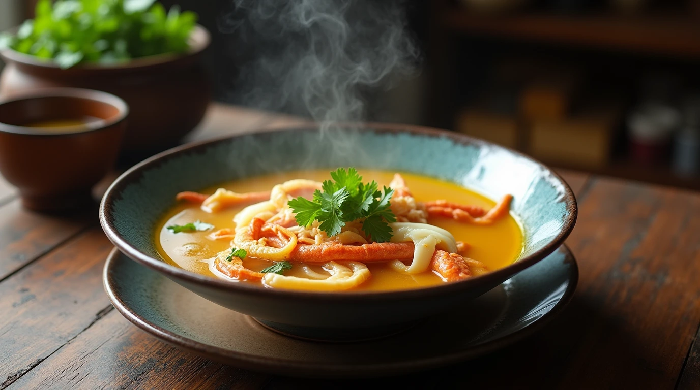 A bowl of fish maw soup with golden broth and cilantro garnish