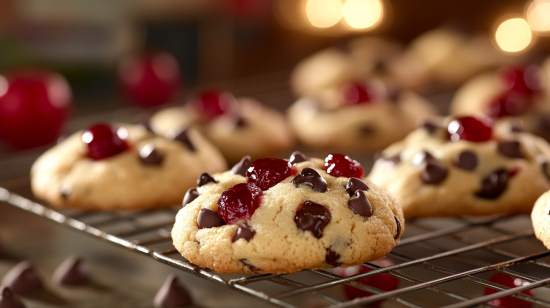 Maraschino Cherry Chocolate Chip Cookies cooling on a wire rack.