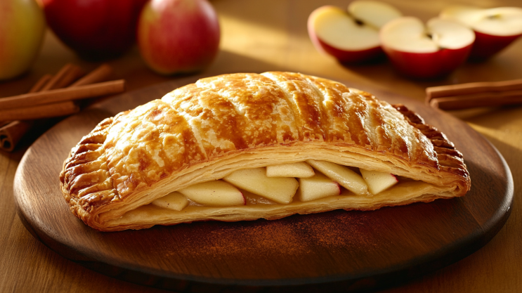 Golden apple turnover with flaky pie dough and fresh apple slices.