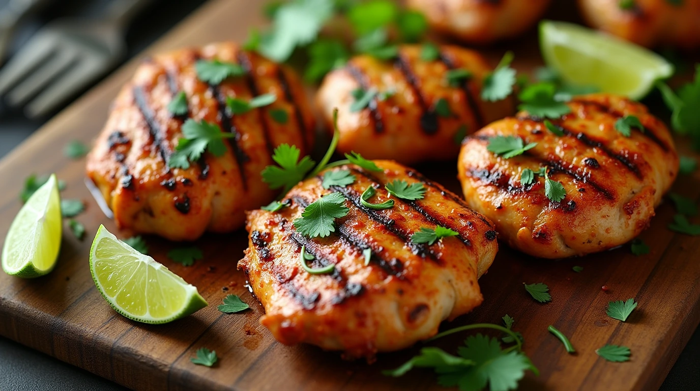 Delicious grilled Mexican chicken pieces with cilantro and lime.