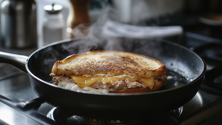 Tuna melt sandwich grilling in a skillet with golden bread