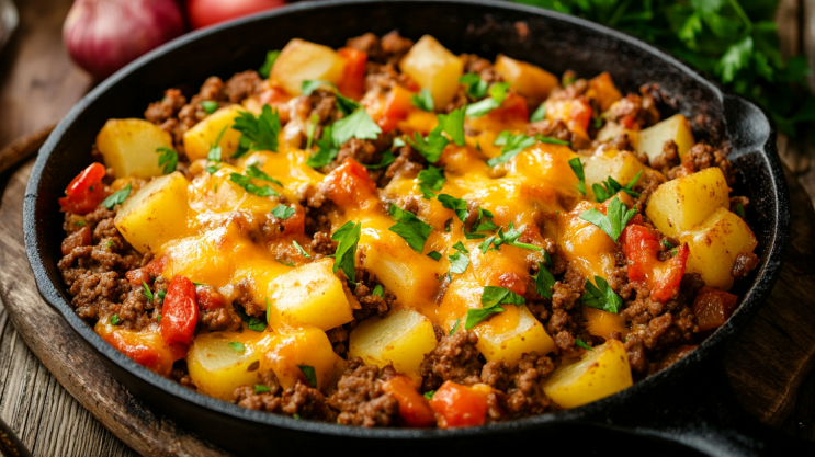 Hobo Casserole Ground Beef served hot on a rustic dinner table.