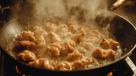 A close-up shot of honey garlic chicken being cooked in a skillet with a perfectly sticky sauce.