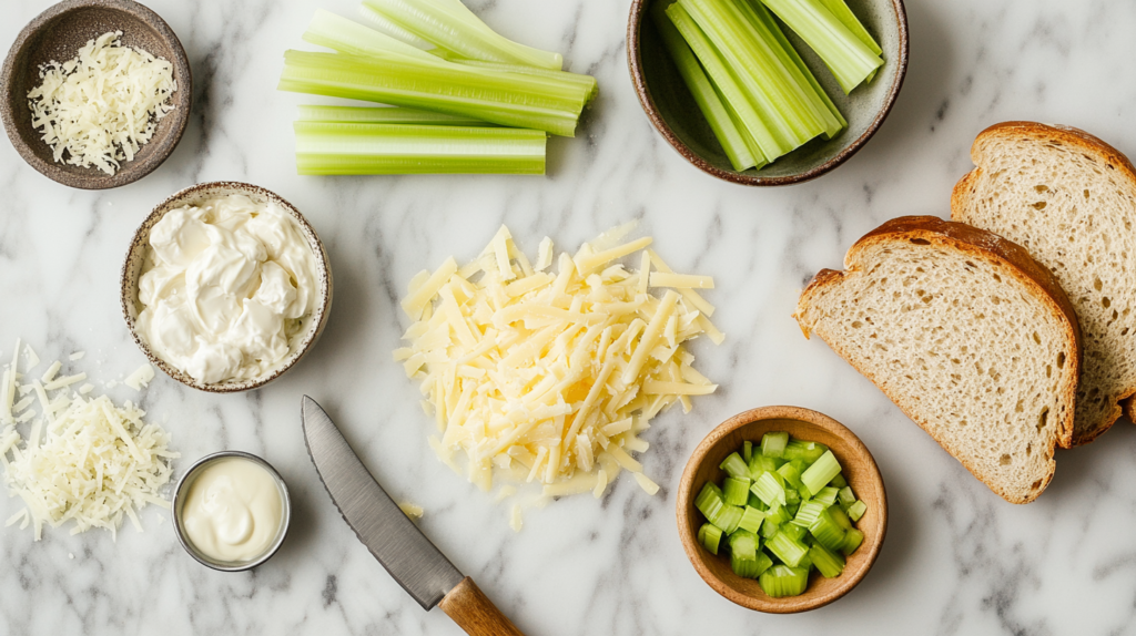 Ingredients for a classic tuna melt recipe laid on a marble surface