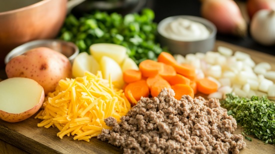 Raw ingredients for hobo casserole ground beef on a wooden counter.