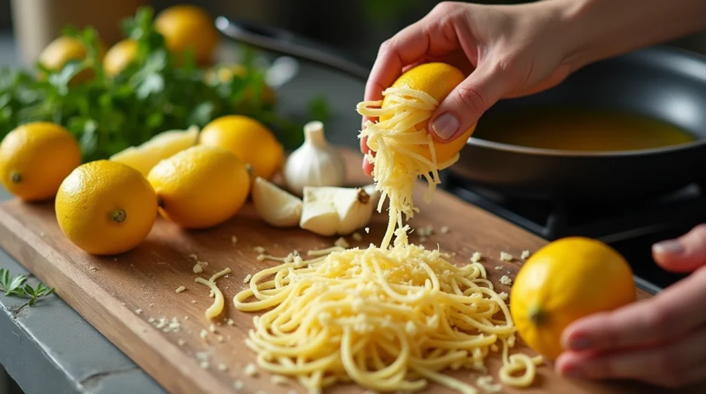 Preparing Lemon Parmesan pasta sauce with fresh ingredients.

