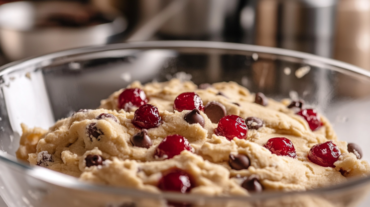 Close-up of cookie dough with maraschino cherries and chocolate chips.