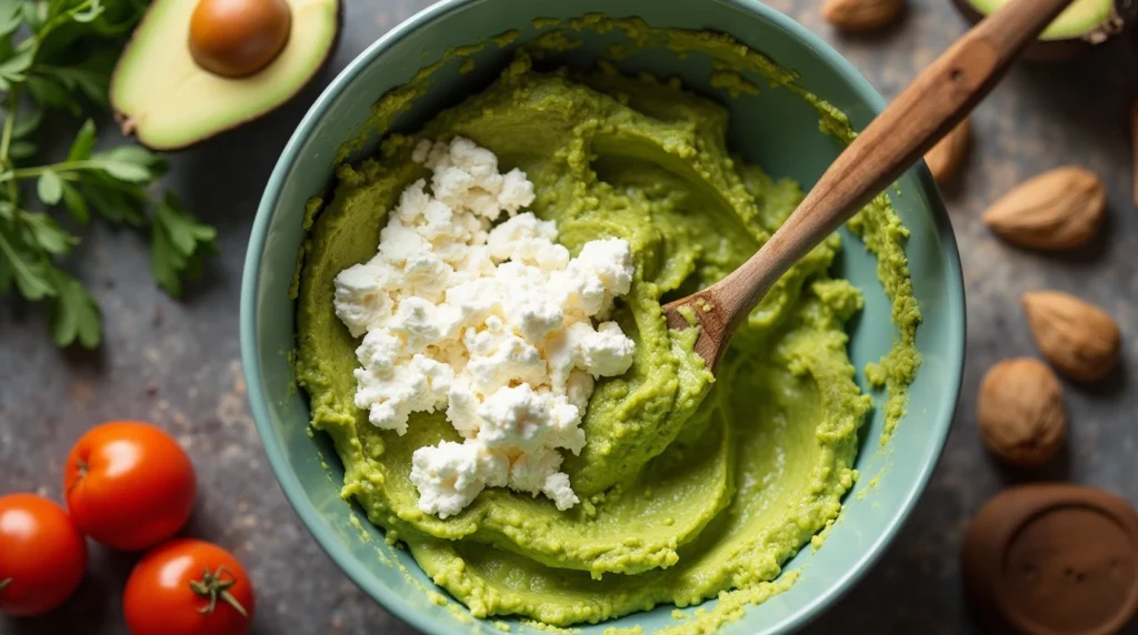 Mixing mashed avocado and cottage cheese for bread