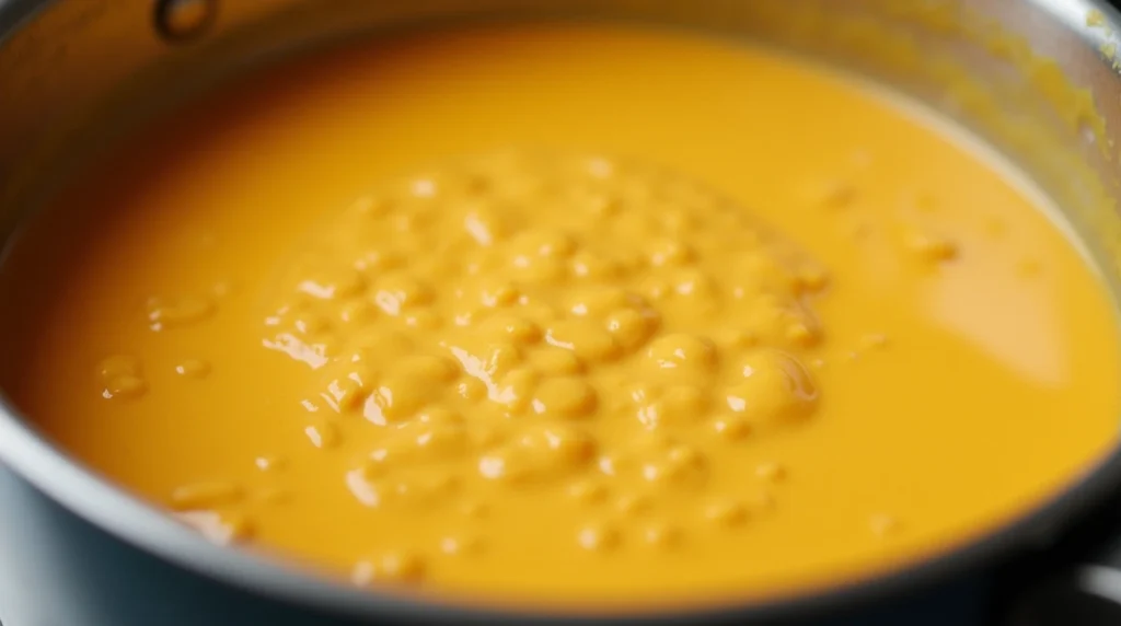 Protein mac and cheese sauce in a saucepan with cottage cheese and cheddar