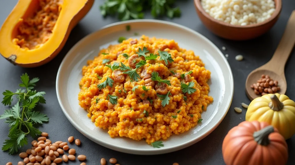 Plate of pumpkin risotto with beans surrounded by ingredients.