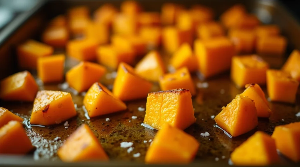 Roasted diced pumpkin in an oven tray.