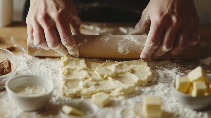 Hands rolling out pie dough with flour and ingredients.