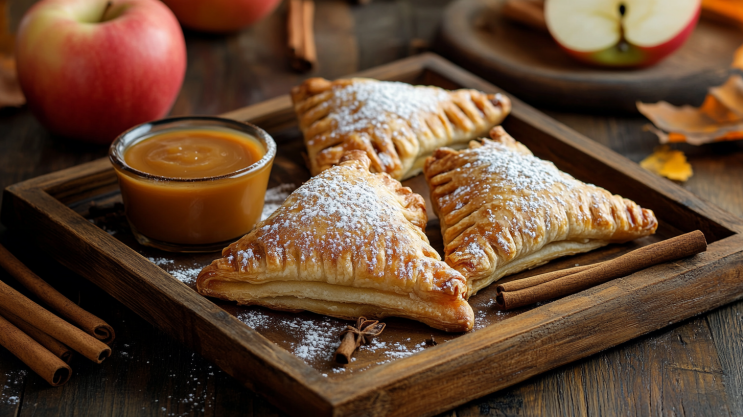 Apple turnovers on a wooden tray with powdered sugar and caramel sauce.