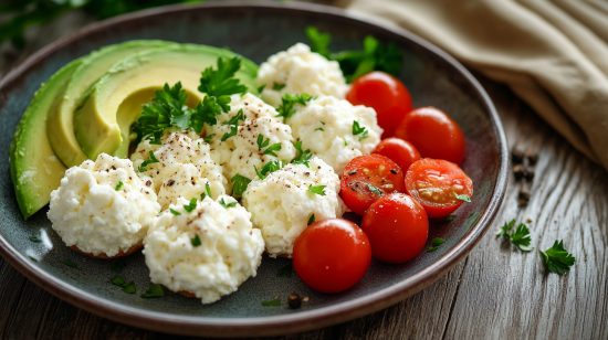 Plate of Fluffy Cottage Cheese Egg Muffins with avocado and tomatoes.