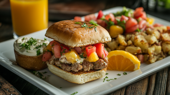 Cowboy Breakfast Sliders served with hash browns and fruit salad