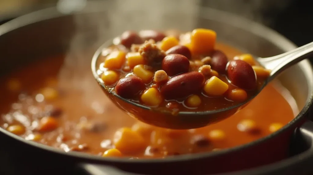 A pot of Taco Soup Frios simmering with vibrant ingredients