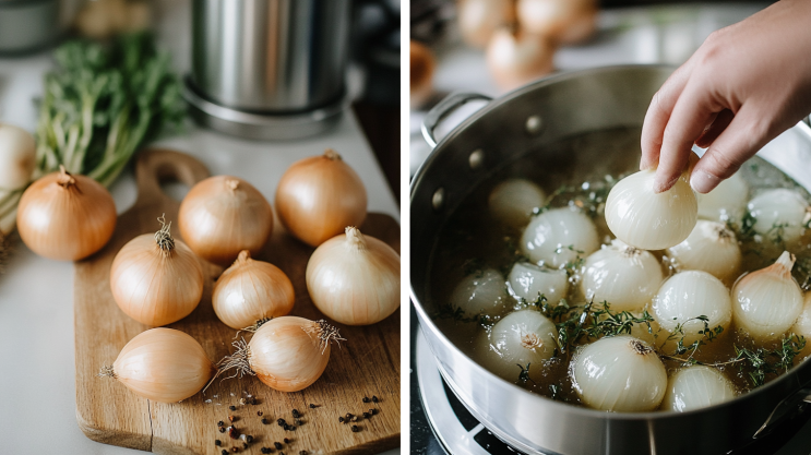 Step-by-step preparation for boiling onions with herbs and spices