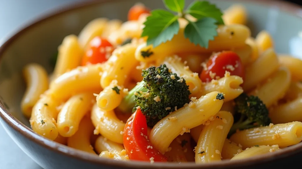Vegan protein mac and cheese with roasted vegetables