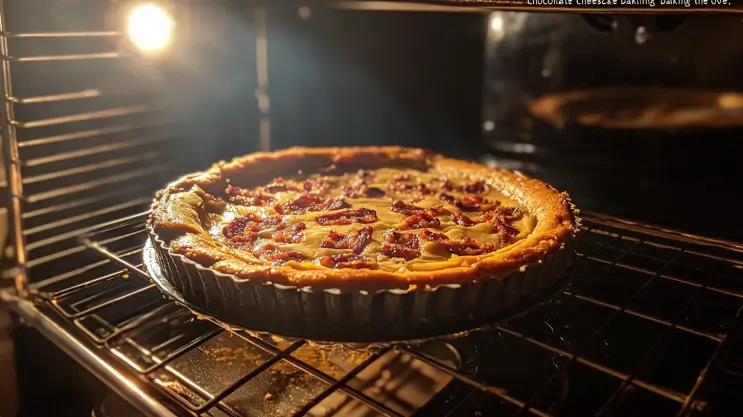 Chocolate Bourbon Bacon Cheesecake baking in the oven with a golden brown crust