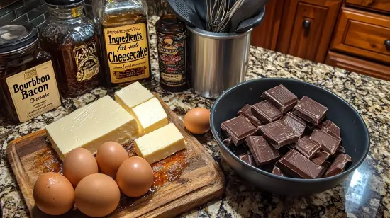 Ingredients for the Chocolate Bourbon Bacon Cheesecake ready for mixing