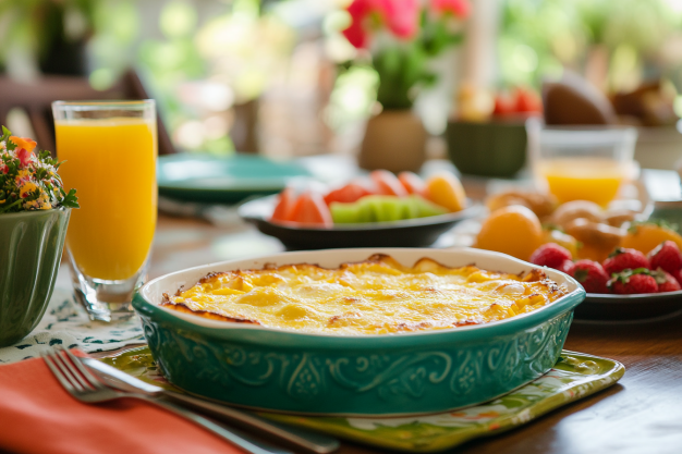 Cheesy baked eggs brunch spread